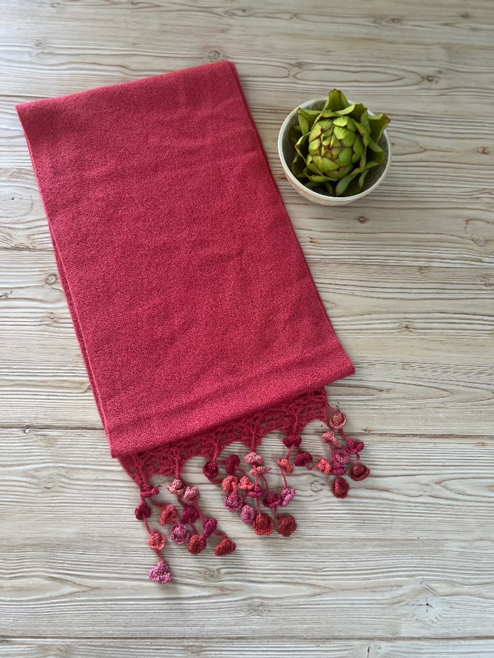 100% Baby Alpaca Coral Pink Scarf Crochet Floral Tassel Fringe 62”